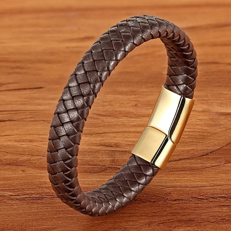 Men's Braided Leather Bracelet in Brown & Gold – men's leather bracelet