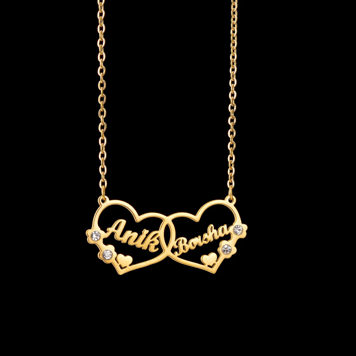Two Names Heart Necklace in Gold, Hearts with Zircon, 45 cm – Personalized Couple Gift
