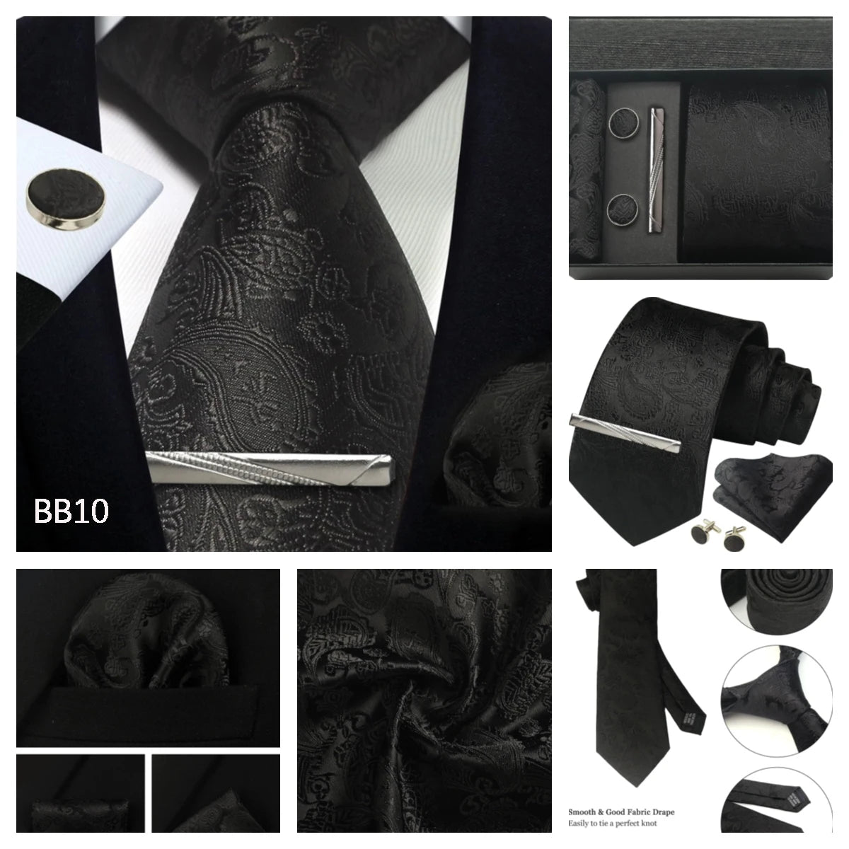 Silk Tie Gift Set: Tie, Pocket Square, Cufflinks & Tie Clip