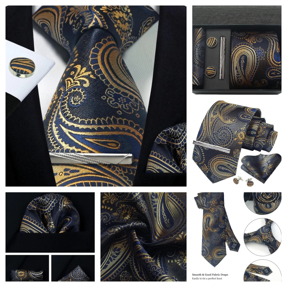 Silk Tie Gift Set: Tie, Pocket Square, Cufflinks & Tie Clip