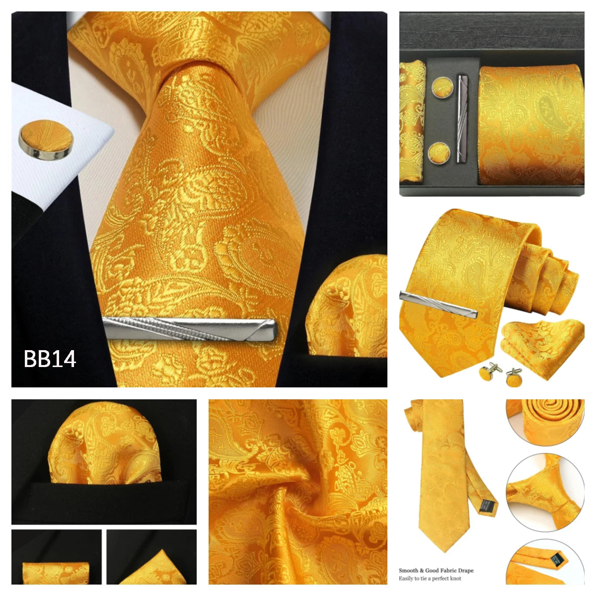 Silk Tie Gift Set: Tie, Pocket Square, Cufflinks & Tie Clip