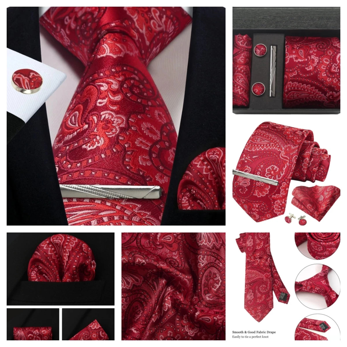 Silk Tie Gift Set: Tie, Pocket Square, Cufflinks & Tie Clip