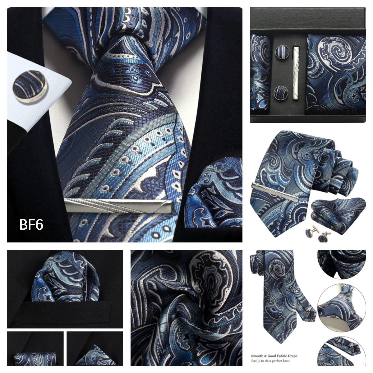 Silk Tie Gift Set: Tie, Pocket Square, Cufflinks & Tie Clip