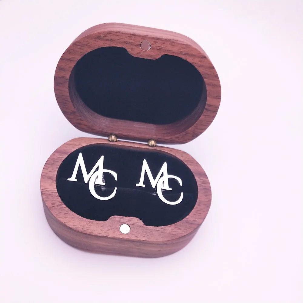 Engraved Initials Cufflinks with Wooden Box in Silver – engraved initials cufflinks