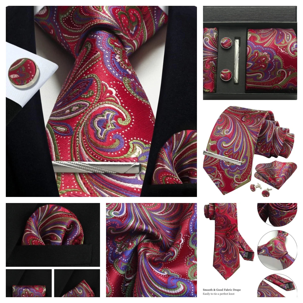 Silk Tie Gift Set: Tie, Pocket Square, Cufflinks & Tie Clip