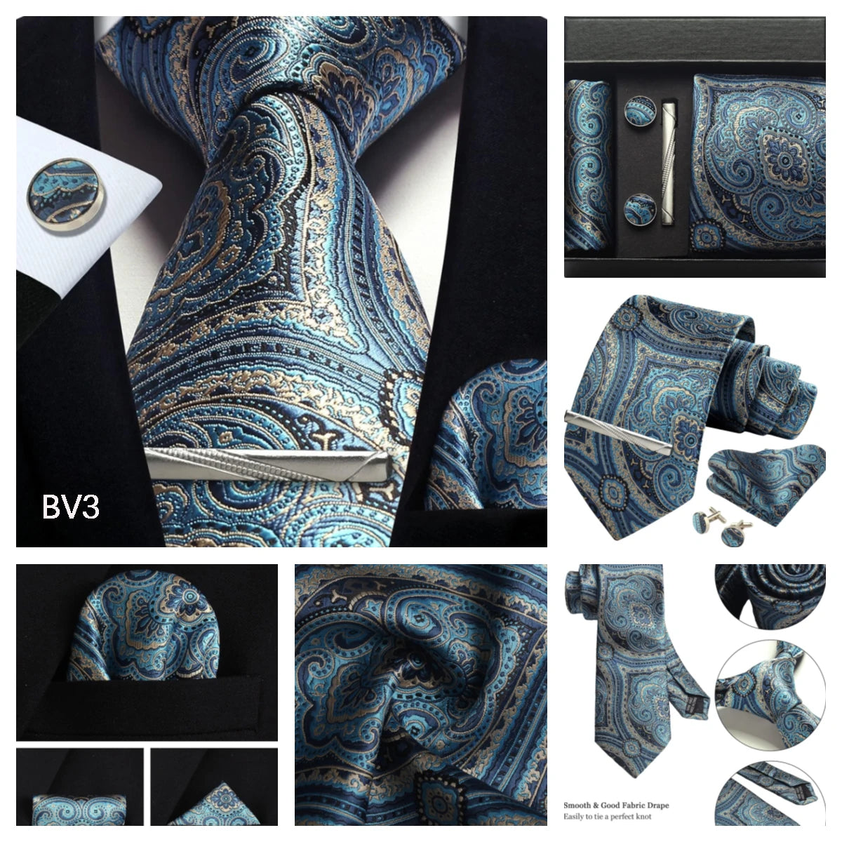 Silk Tie Gift Set: Tie, Pocket Square, Cufflinks & Tie Clip