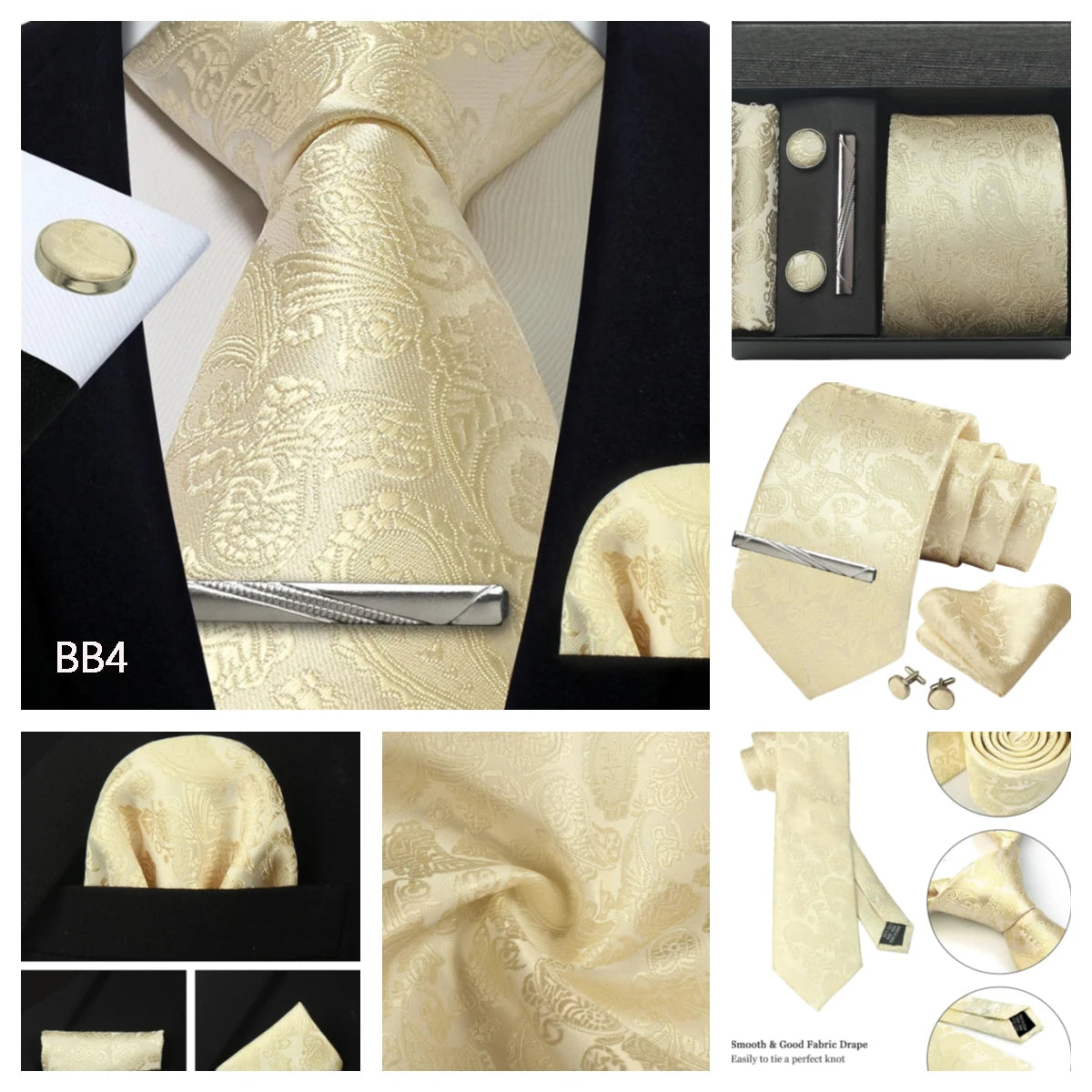 Silk Tie Gift Set: Tie, Pocket Square, Cufflinks & Tie Clip