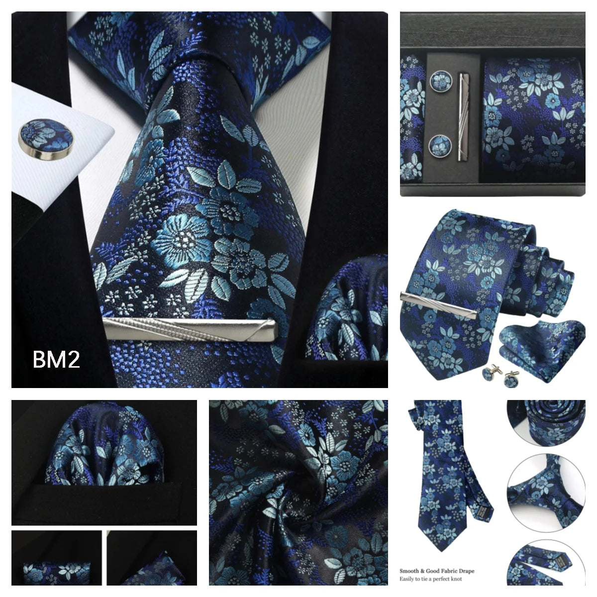 Silk Tie Gift Set: Tie, Pocket Square, Cufflinks & Tie Clip