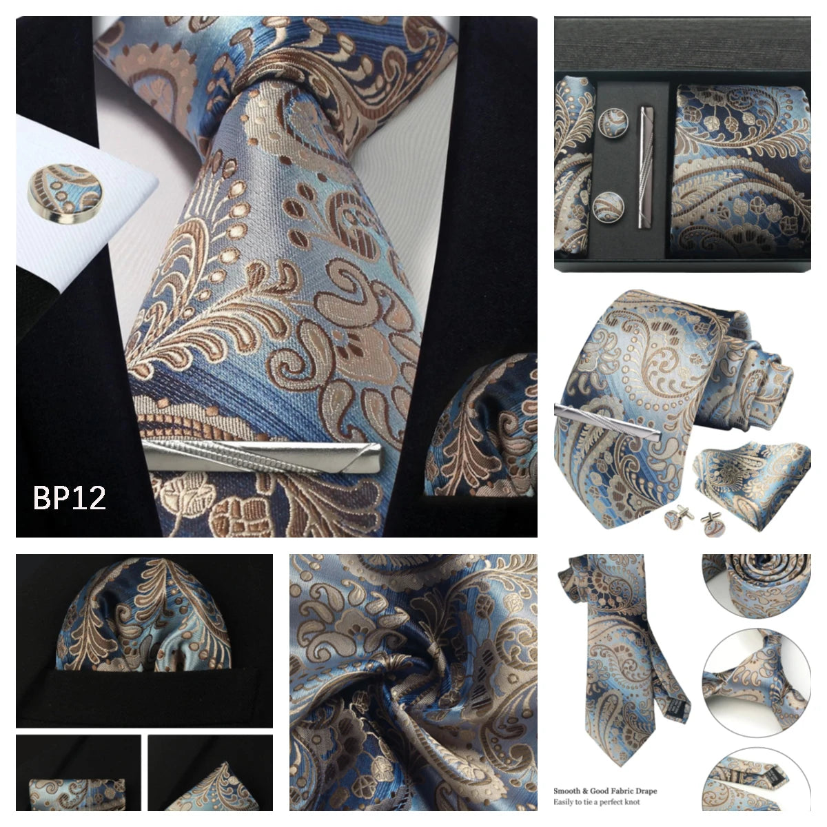 Silk Tie Gift Set: Tie, Pocket Square, Cufflinks & Tie Clip