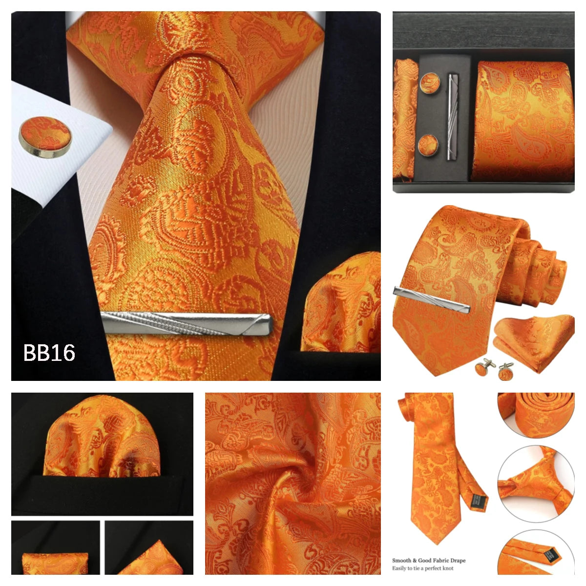 Silk Tie Gift Set: Tie, Pocket Square, Cufflinks & Tie Clip