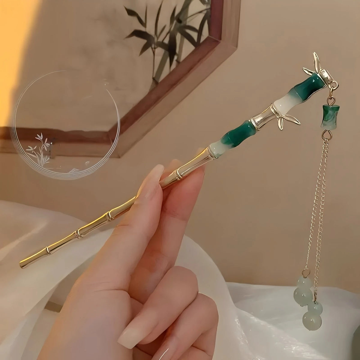 Tassel Hair Stick in Green Bamboo Tassel – Flower & Pearl Hair Accessory