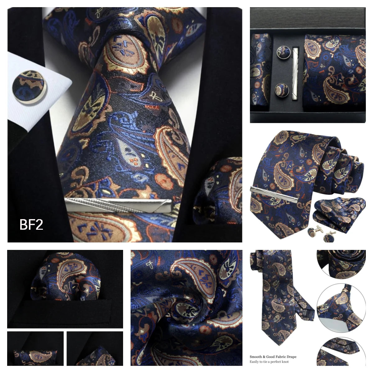Silk Tie Gift Set: Tie, Pocket Square, Cufflinks & Tie Clip