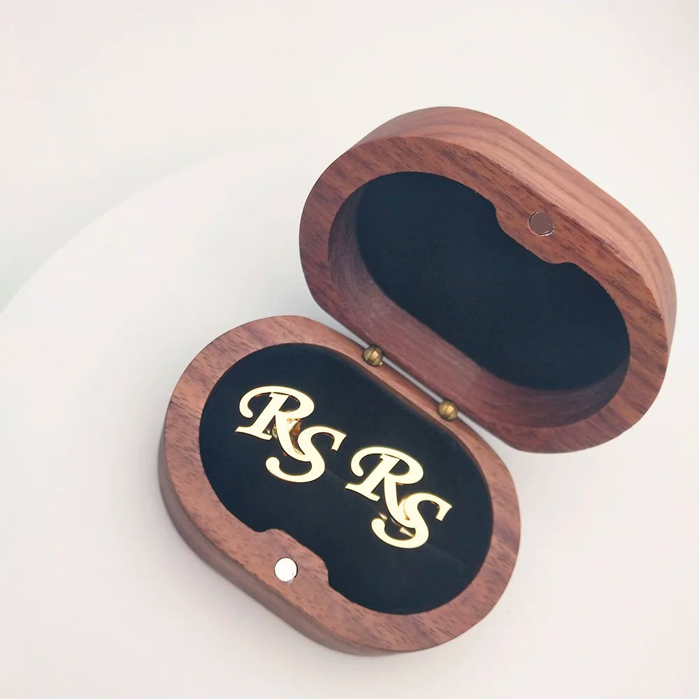 Engraved Initials Cufflinks with Wooden Box in Gold – engraved initials cufflinks