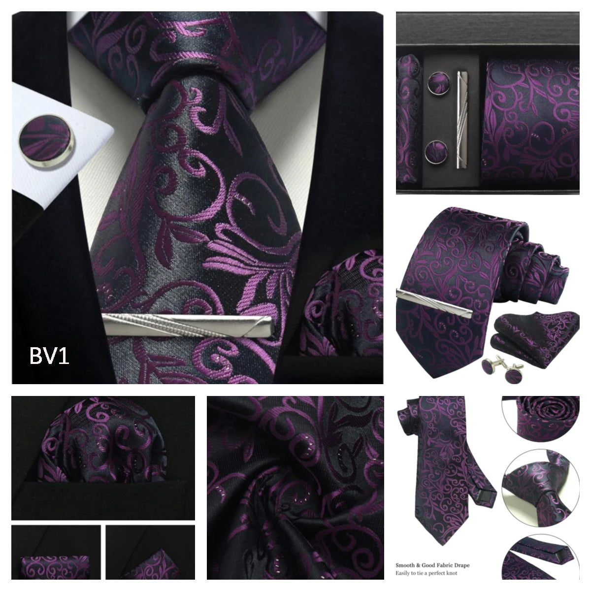 Silk Tie Gift Set: Tie, Pocket Square, Cufflinks & Tie Clip