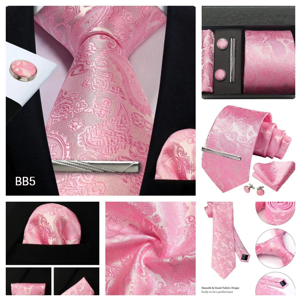 Silk Tie Gift Set: Tie, Pocket Square, Cufflinks & Tie Clip