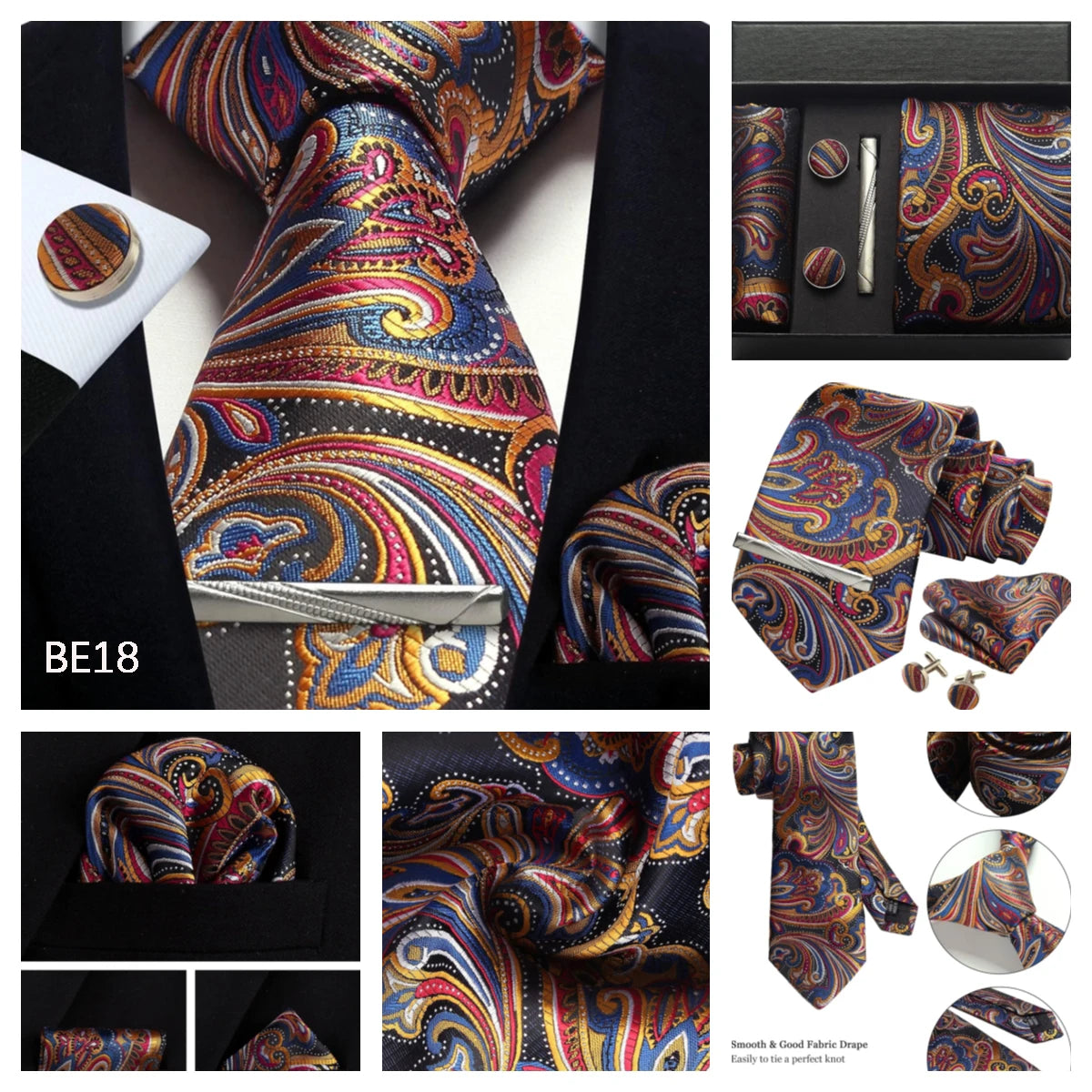 Silk Tie Gift Set: Tie, Pocket Square, Cufflinks & Tie Clip