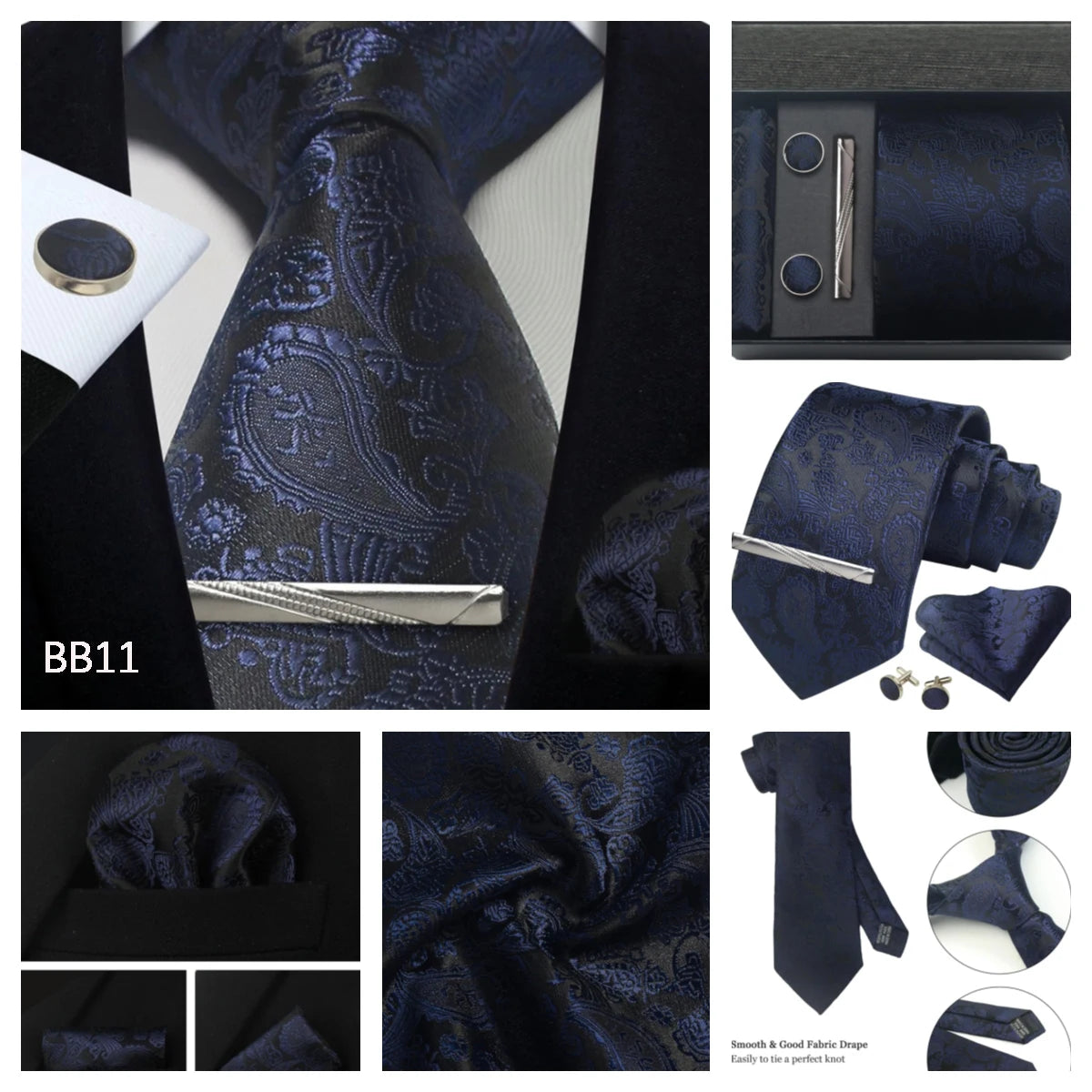 Silk Tie Gift Set: Tie, Pocket Square, Cufflinks & Tie Clip