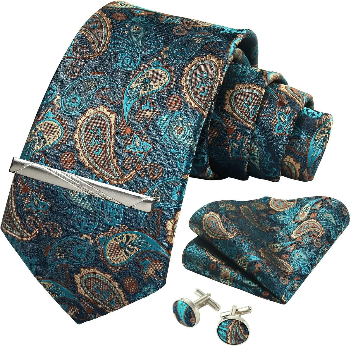 Silk Tie Gift Set: Tie, Pocket Square, Cufflinks & Tie Clip