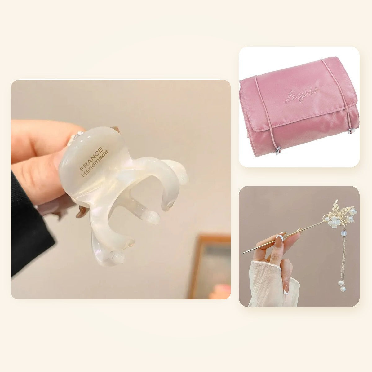 A Night Off – acetate claw clip, tassel hair stick and travel makeup bag, a self-care gift for her