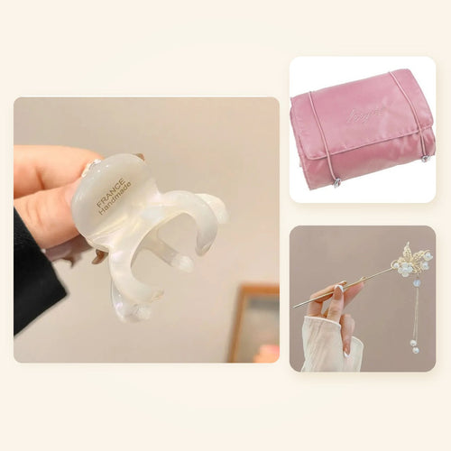 A Night Off – acetate claw clip, tassel hair stick and travel makeup bag, a self-care gift for her