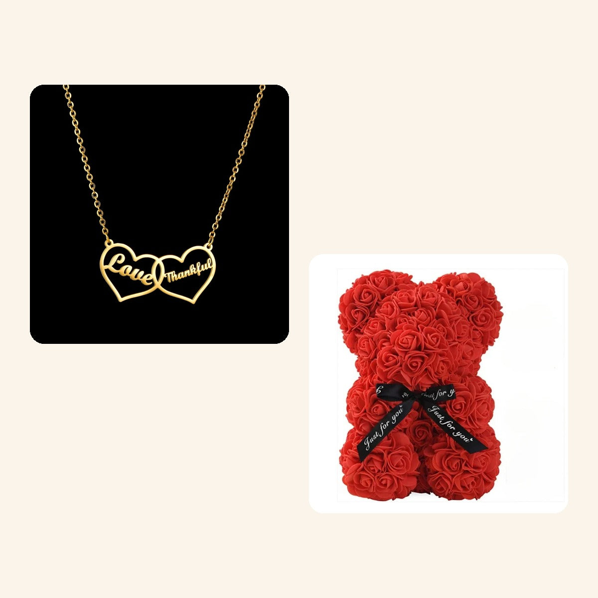 Our First Christmas – two names heart necklace and red eternal rose teddy bear, a first Christmas gift for her
