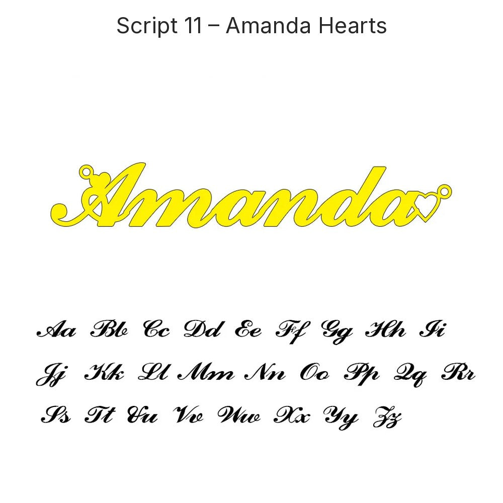 Custom Script Name Necklace in Gold, Script 11 – Amanda Hearts, 45 cm – 18 Script Fonts + Hebrew