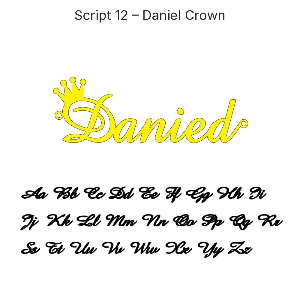 Custom Script Name Necklace in Gold, Script 12 – Daniel Crown, 45 cm – 18 Script Fonts + Hebrew