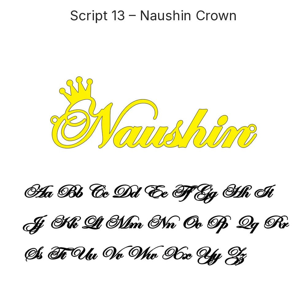 Custom Script Name Necklace in Gold, Script 13 – Naushin Crown, 45 cm – 18 Script Fonts + Hebrew