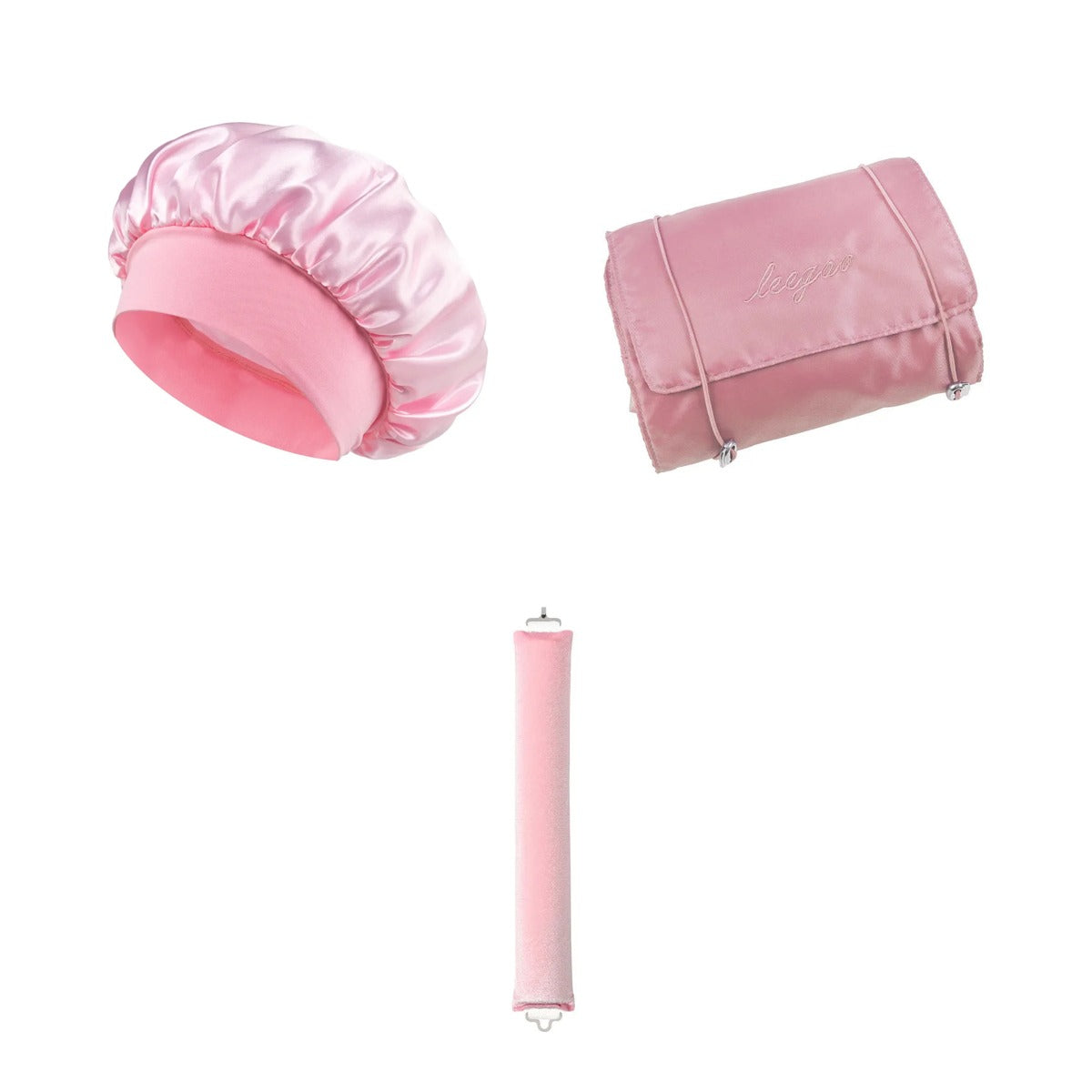 Pamper Her Set – satin bonnet, heatless curler and travel makeup bag in pink