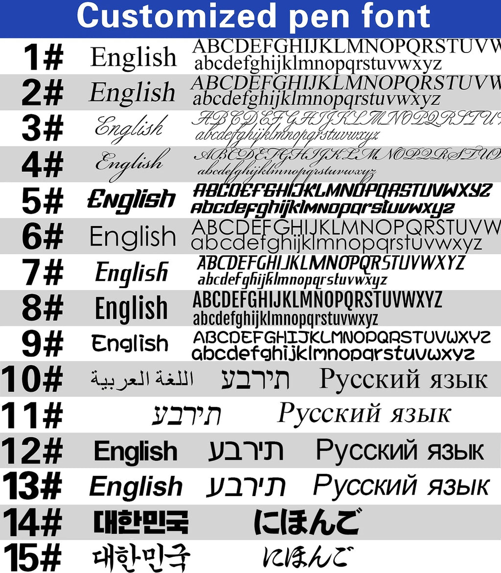 Font chart – 15 engraving fonts for the engraved pen gift set (Font 1 to Font 15, incl. Hebrew, Arabic, Russian, Korean, Japanese)
